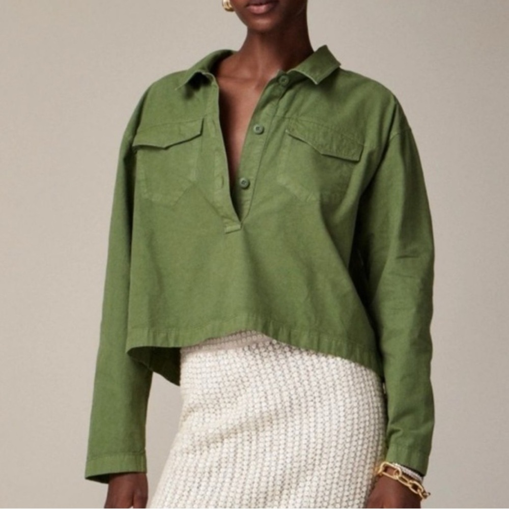 J. Crew Popover Shirt Cotton Linen Blend In Green Women’s Size XL CC933 NWT